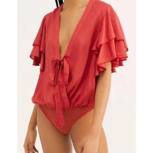 Intimately Free People Call Me Later Tie Front Flutter Sleeve Bodysuit Soft Red